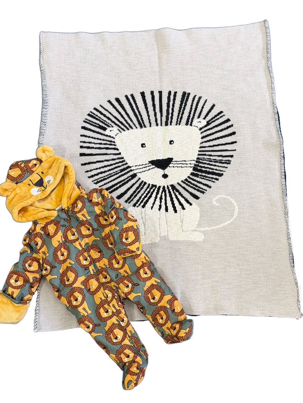 Frolics Kids Lion Cotton Knit Blanket 30x37 & Mick Mac Hooded Bunting Set 0-3M